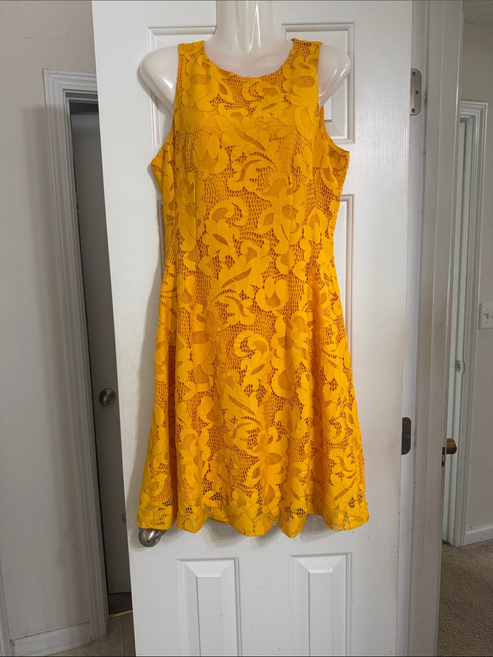 eva mendes for New York & Company Bright Yellow Lace Fit-and-Flare Mini Dress